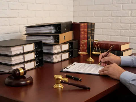 Close-up view of legal tools including a gavel, books, folders, and documents arranged on a wooden desk surface for a law firm office setting