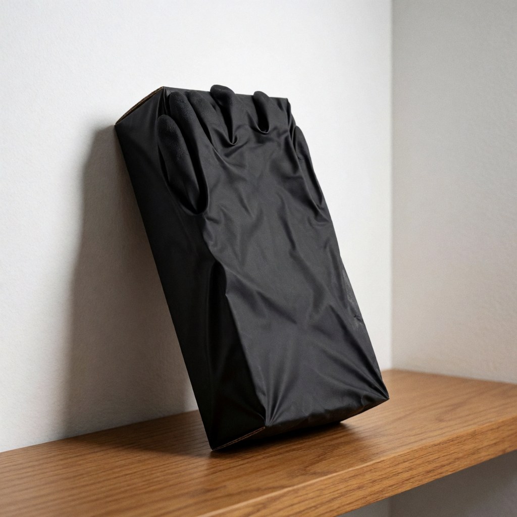 Unbranded black glove box resting on a wooden shelf against a white wall with soft professional lighting for chemical handling