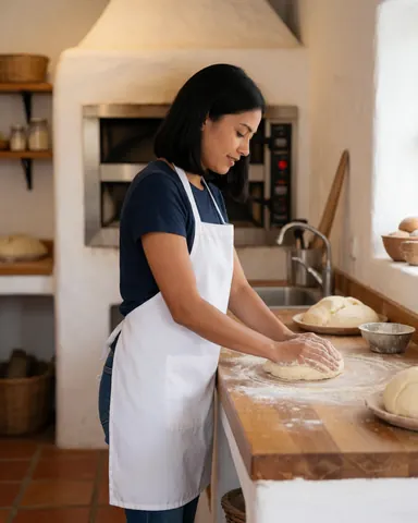 A woman kneading dough on a wooden table in a bakery with an industrial oven in the background