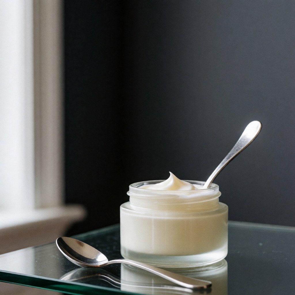 Close-up of an elegant moisturizing cream product in a clear glass jar with a spoon, highlighting skincare and beauty aesthetics