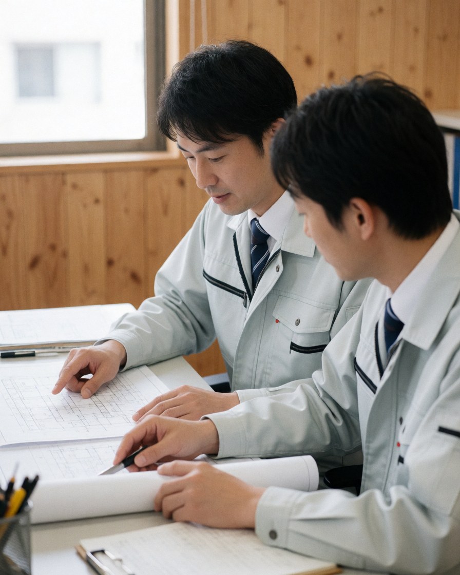Two electricians examine work plans in an office with wooden walls, using tools and documents in a professional setting.