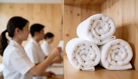 A neat stack of clean white towels ready for use in a spa or massage therapy setting