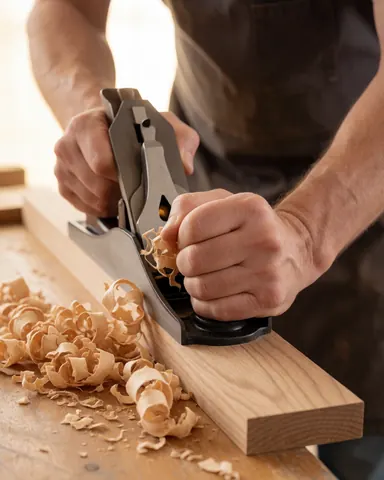 Professional carpenter planing a wooden board with a hand plane, warm wood shavings pile on the workbench, natural light illuminates the scene