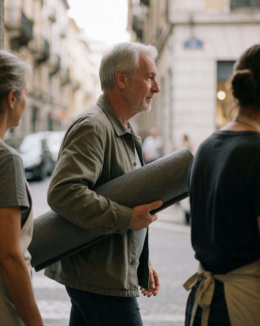 A happy senior man and woman exit a modern building after a yoga or pilates class, dressed in casual activewear on a city street.
