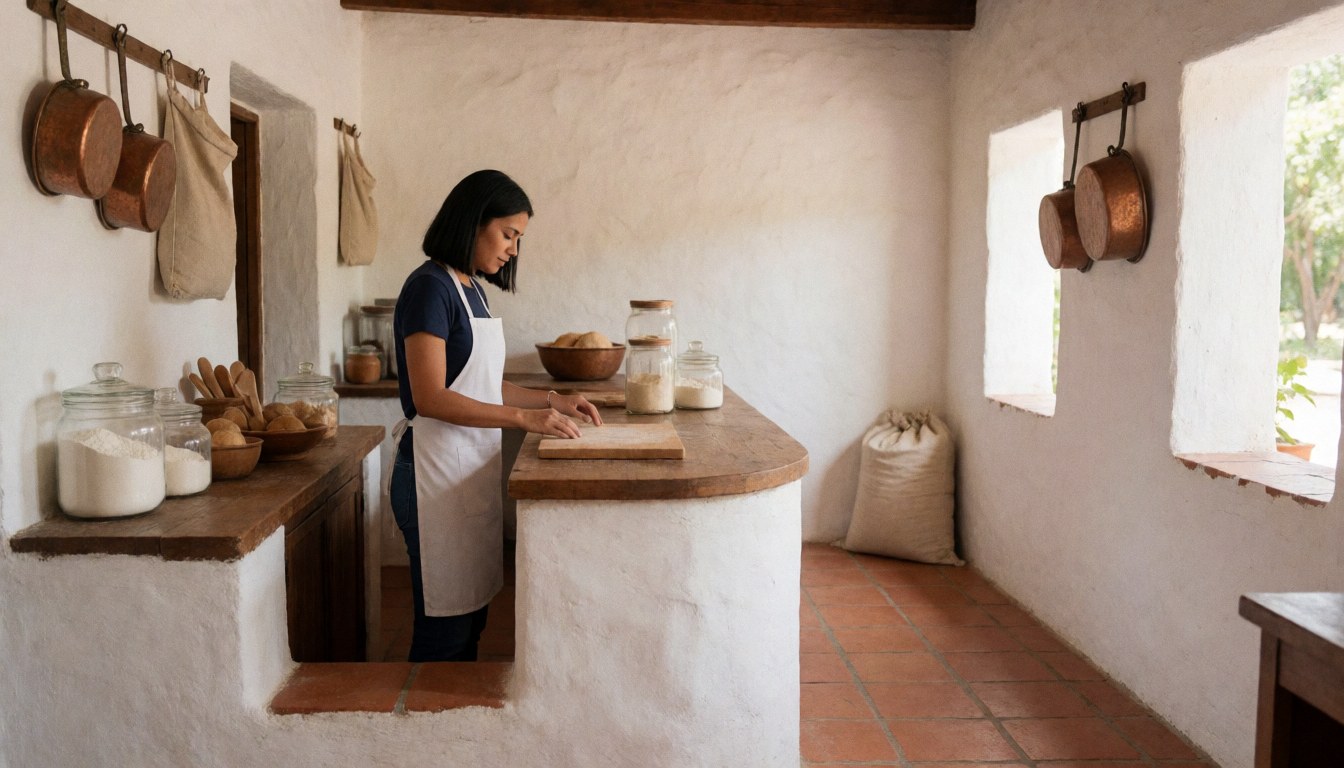 A woman works at a wooden counter in a bakery with white walls and terracotta floor, featuring hanging copper pots and natural light.