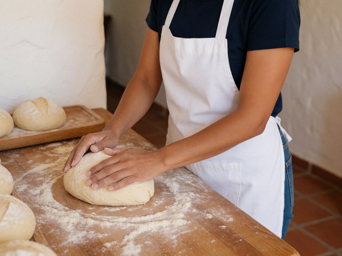 A woman shaping bread dough on a wooden table dusted with flour in a bakery with white walls and terracotta tile floor