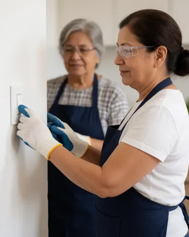 A female electrician wearing gloves and safety glasses activates a light switch on a white wall while an older woman watches in the background.