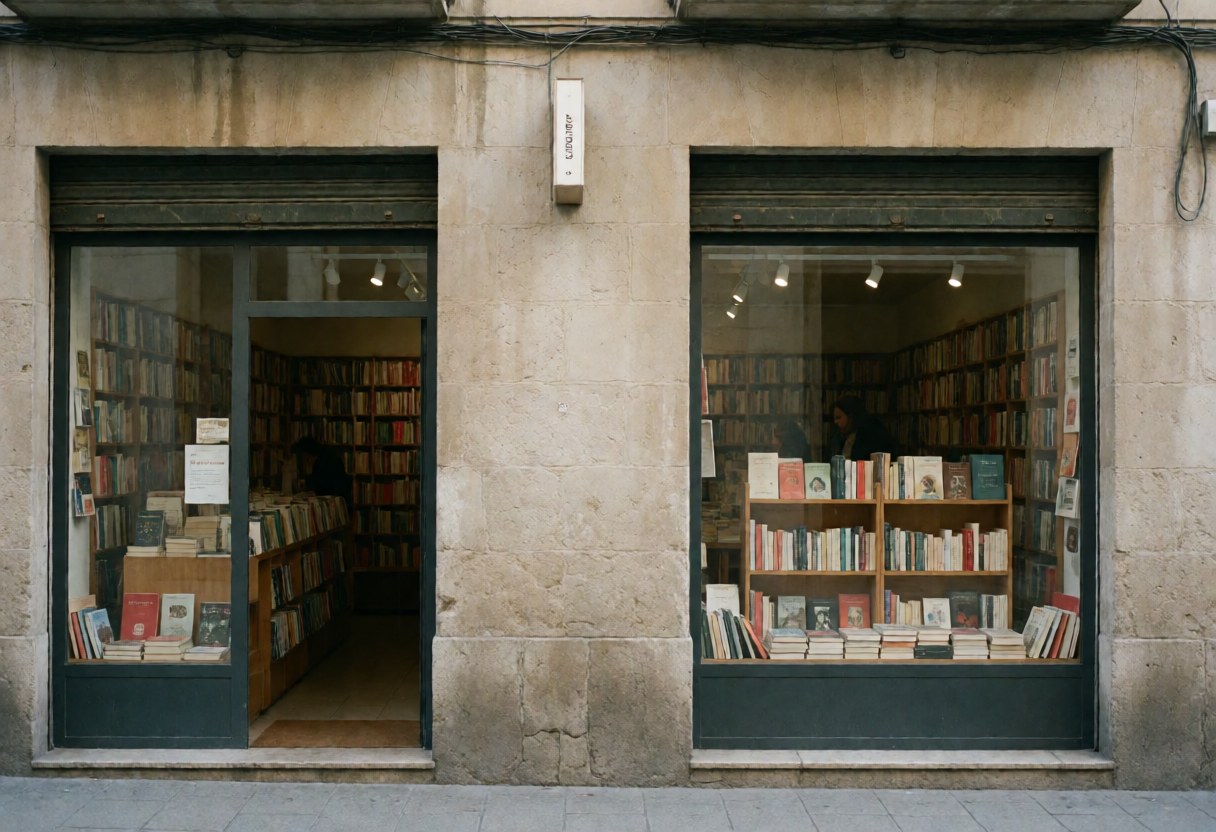 Stone facade of a bookstore featuring a large window display and entrance door, showcasing the exterior architecture of the retail establishment.