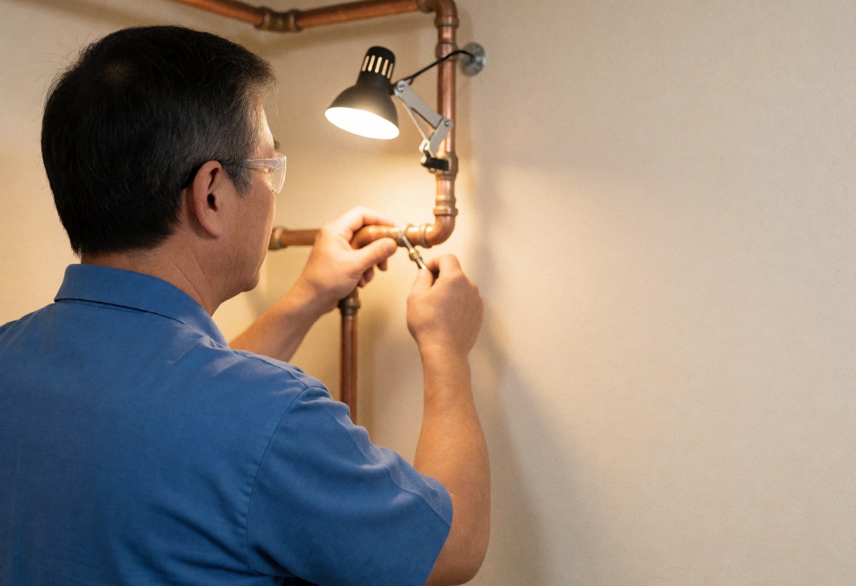 Close-up of a plumber's hands using a torch to solder a copper pipe connection during a professional plumbing repair service