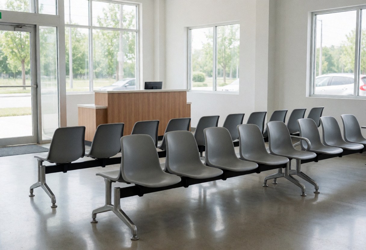 Empty modern waiting space featuring gray chairs, a wooden reception desk, and large windows, suitable for a driving school interior