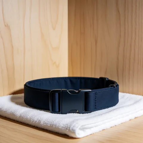 Close-up of a secure metal buckle attached to a navy blue fabric dog collar, highlighting the hardware and stitching details for product display.