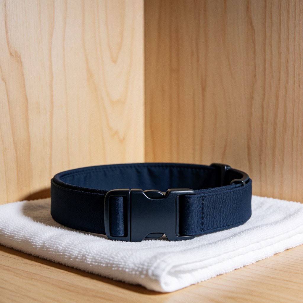 Close-up of a secure metal buckle attached to a navy blue fabric dog collar, highlighting the hardware and stitching details for product display.