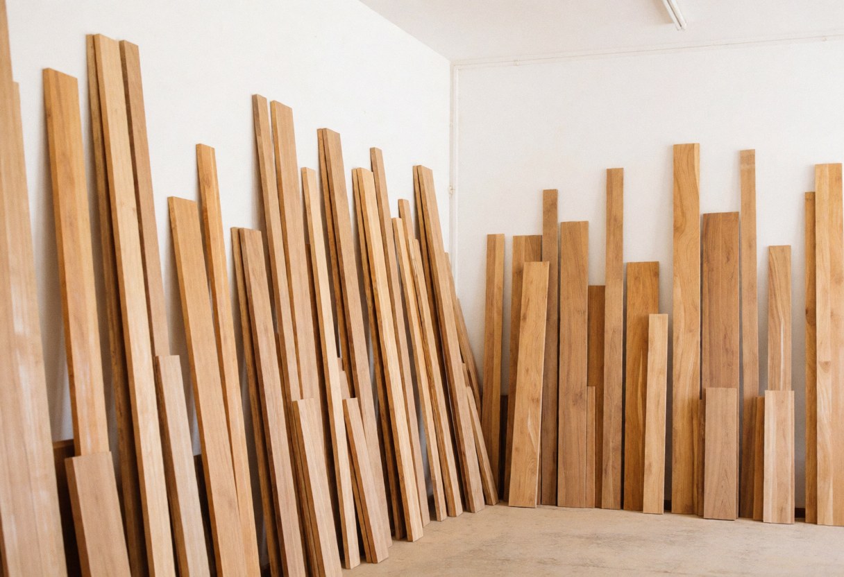 A tidy carpentry workshop interior featuring organized stacks of light natural wood boards and construction panels ready for use.