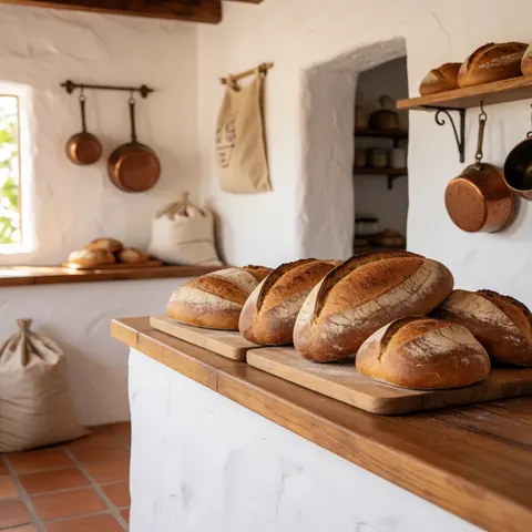 Freshly baked artisan bread rolls displayed on a wooden counter with white stucco walls, terracotta tile floor, natural light, and hanging copper pots.