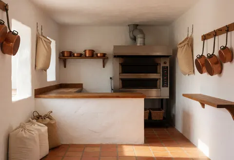 Interior of a tropical bakery featuring an industrial oven, white walls, terracotta floor, hanging copper bowls, and flour sacks in a clean, empty space.