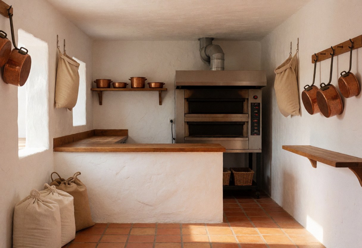 Interior of a tropical bakery featuring an industrial oven, white walls, terracotta floor, hanging copper bowls, and flour sacks in a clean, empty space.