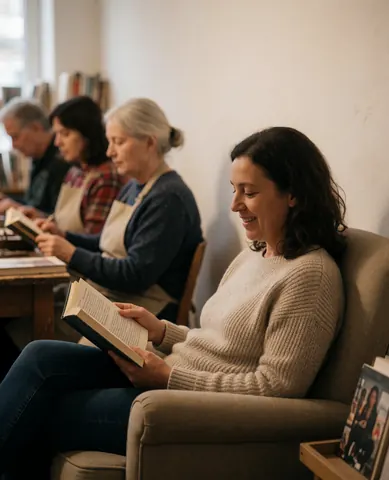 A smiling woman reads a book in a comfortable chair inside a warm, inviting bookstore with soft lighting and white walls.