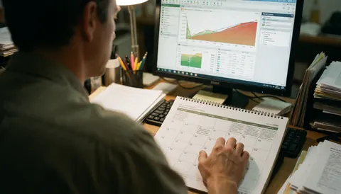 Agricultural consultant in a plaid shirt checks an agricultural calendar and agronomy software on a computer, with papers and pens on a wooden desk, warm lighting, and a blurred background for text.