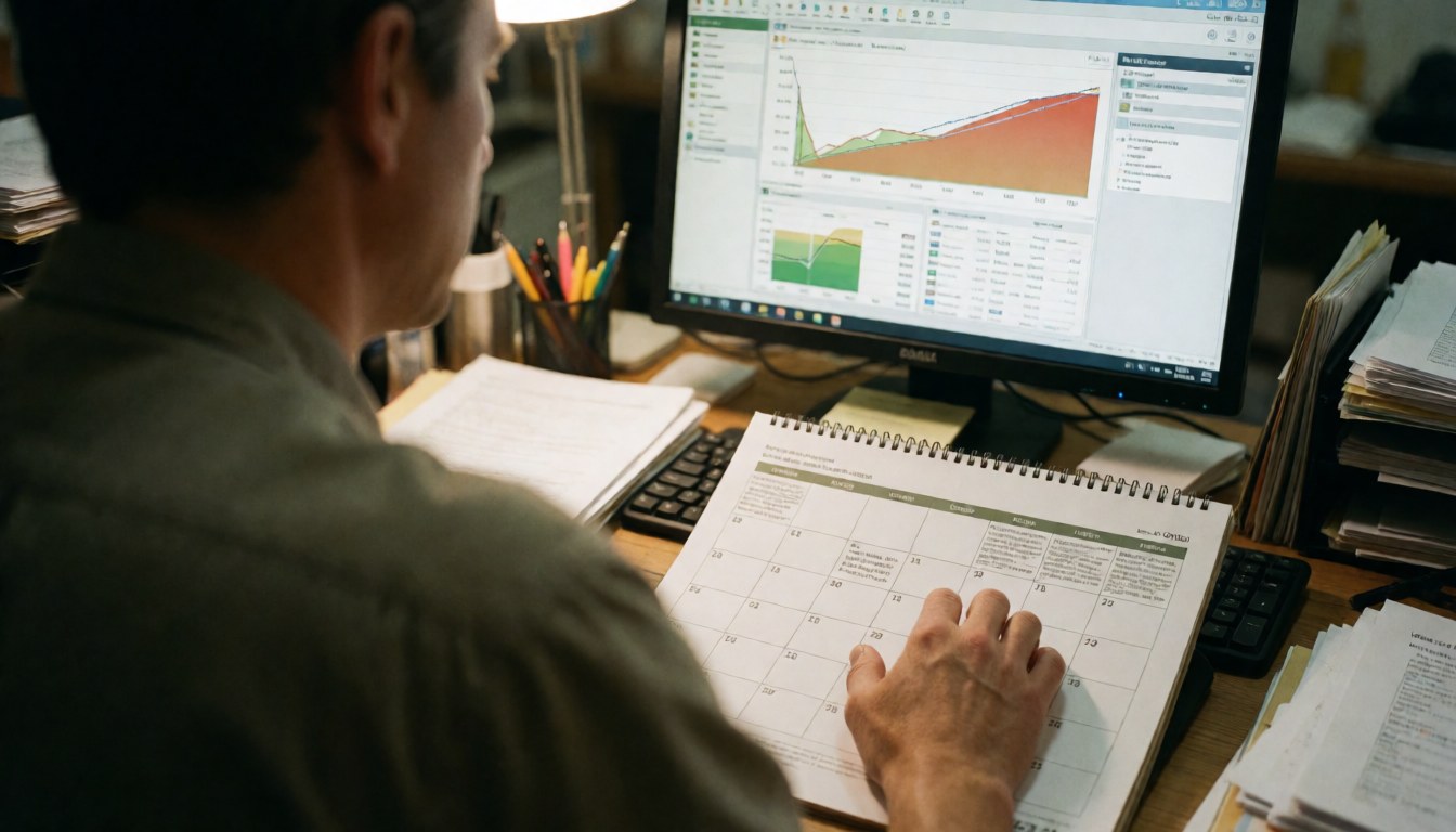 Agricultural consultant in a plaid shirt checks an agricultural calendar and agronomy software on a computer, with papers and pens on a wooden desk, warm lighting, and a blurred background for text.