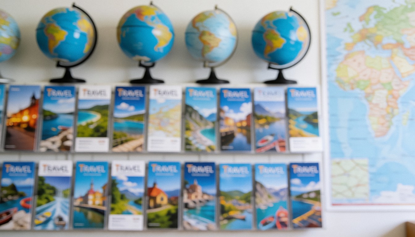 Soft focus background featuring globes, maps, and travel brochures, ideal for travel agency text overlays