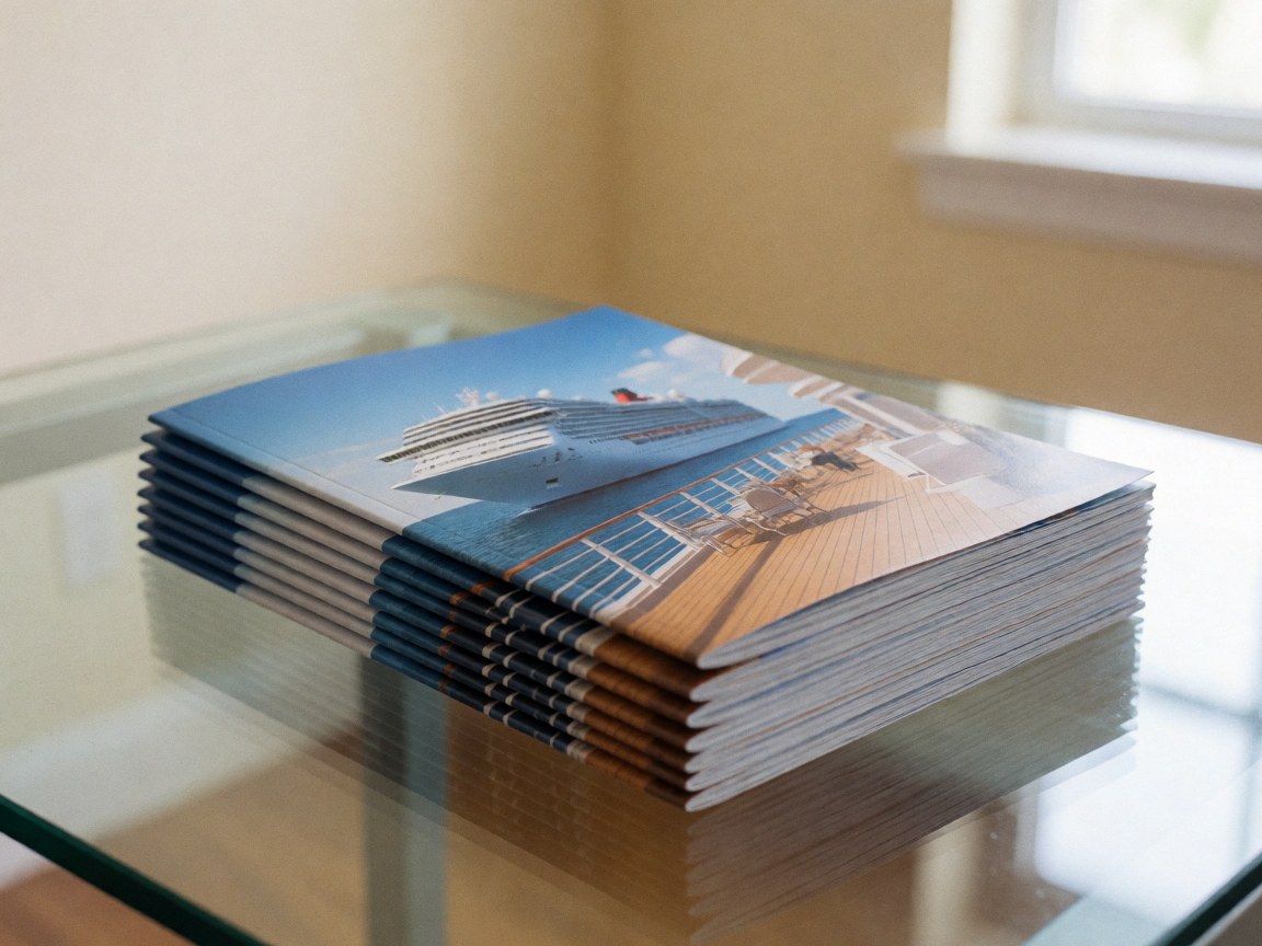A pile of cruise brochures resting on a glass table with natural light and a beige wall, ideal for travel agency and tourism planning.
