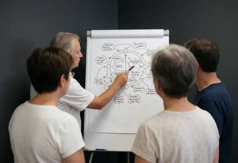 Teacher pointing to a TOEFL diagram on a whiteboard while students watch from their seats in a classroom setting