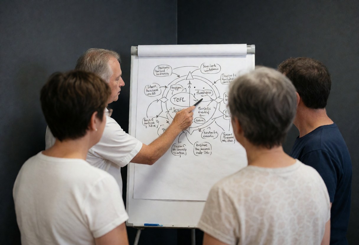 Teacher pointing to a TOEFL diagram on a whiteboard while students watch from their seats in a classroom setting