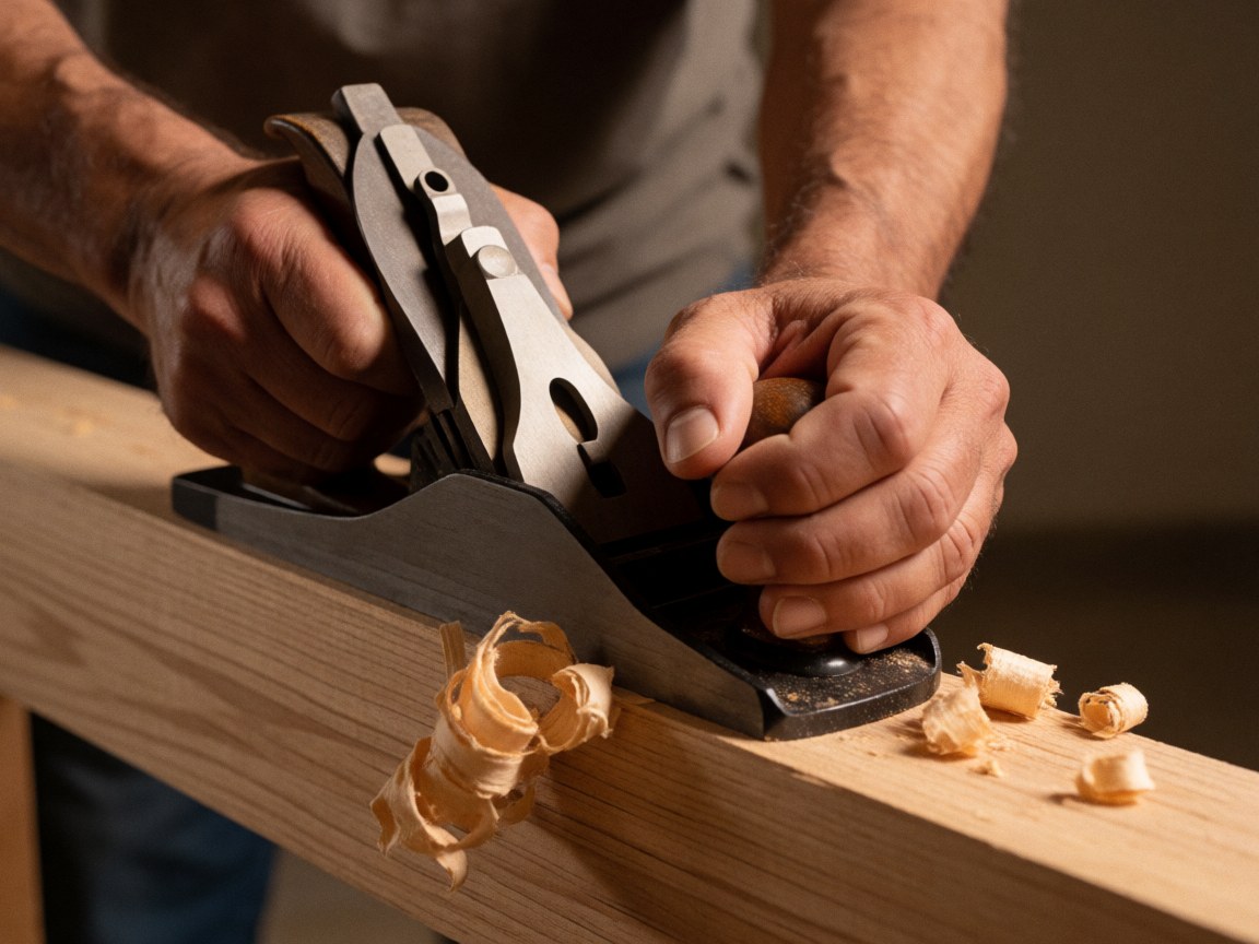 A carpenter's hand using a hand plane on a piece of wood with wood shavings falling, showcasing professional woodworking details in warm light