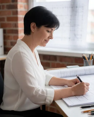 A professional female architect sits at a desk in a bright modern office, reviewing architectural blueprints and sketching designs with a pen near a window.