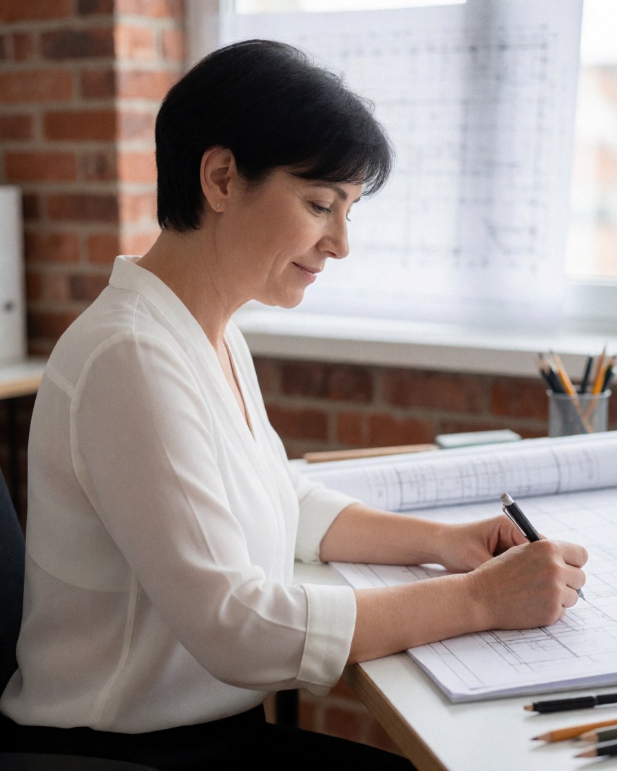 A professional female architect sits at a desk in a bright modern office, reviewing architectural blueprints and sketching designs with a pen near a window.