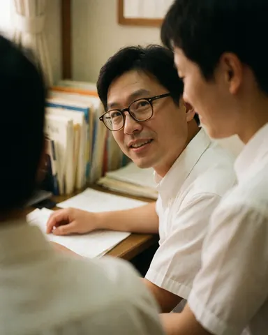 A lawyer in glasses and a white shirt reviews documents at a desk with two colleagues, surrounded by books and files in a warm, professional office.