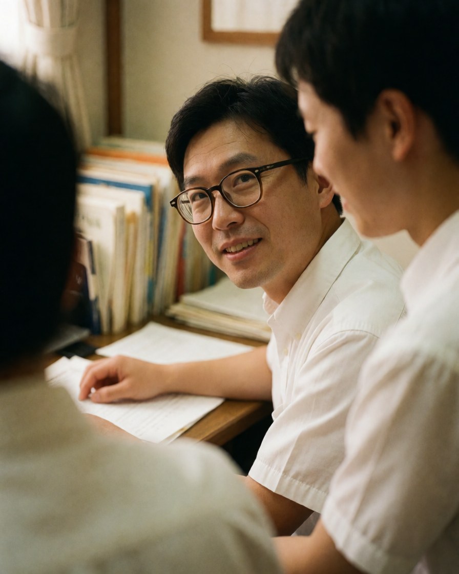 A lawyer in glasses and a white shirt reviews documents at a desk with two colleagues, surrounded by books and files in a warm, professional office.