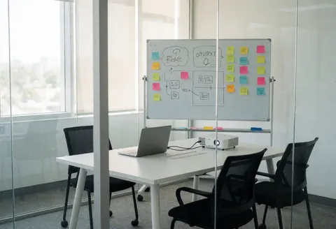 Modern conference room featuring a whiteboard, sticky notes, laptop, projector, black chairs, and a white table with natural light for professional marketing meetings.