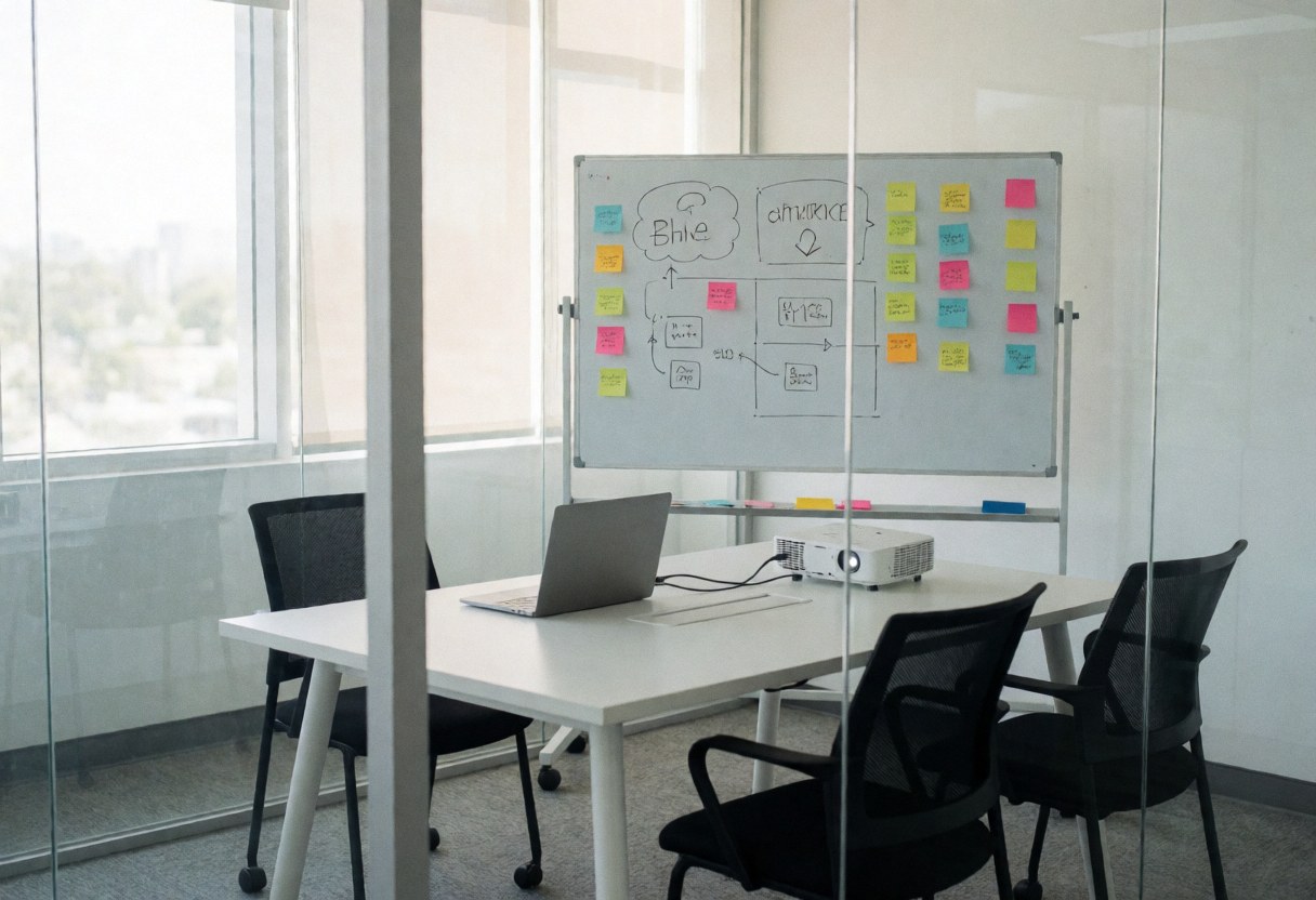 Modern conference room featuring a whiteboard, sticky notes, laptop, projector, black chairs, and a white table with natural light for professional marketing meetings.