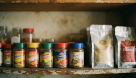 A warm rustic wooden shelf displaying various spice jars and coffee bags, providing a textured background ideal for text overlay in grocery store designs.