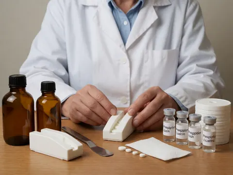 Pharmacist in a lab with bottles, pills, vials, and tools on a wooden table with soft lighting and a neutral background