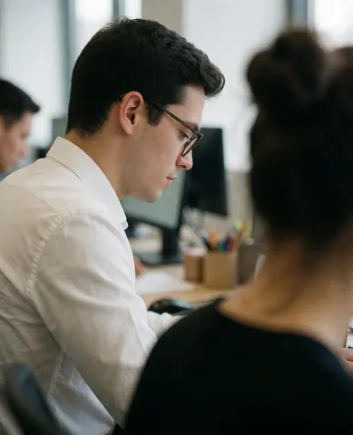 A young professional man wearing glasses and a white shirt sits at a modern office desk working on a laptop with a blurred background.
