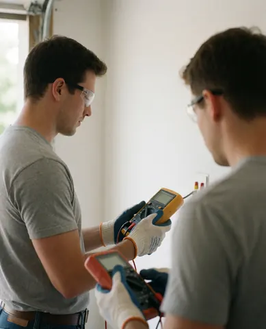 Young electrician wearing safety glasses and gloves uses a multimeter to check voltage on a wall outlet in a garage with white walls and natural light.