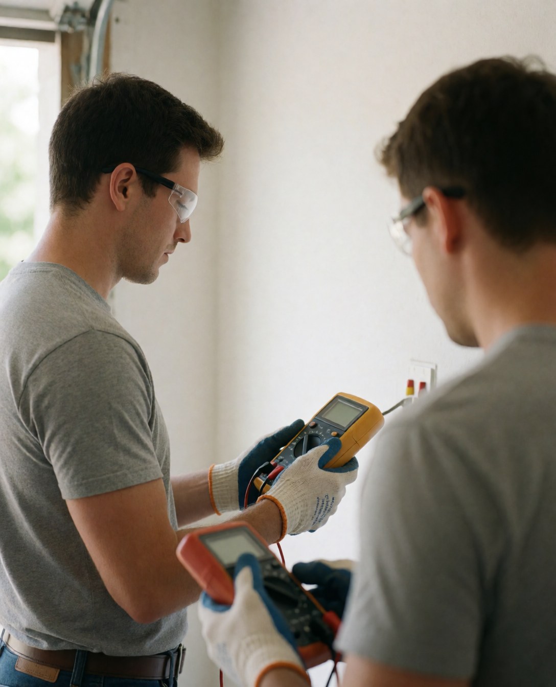 Young electrician wearing safety glasses and gloves uses a multimeter to check voltage on a wall outlet in a garage with white walls and natural light.