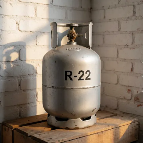 Old R-22 refrigerant gas cylinder resting on a wooden crate against a brick wall with natural sunlight