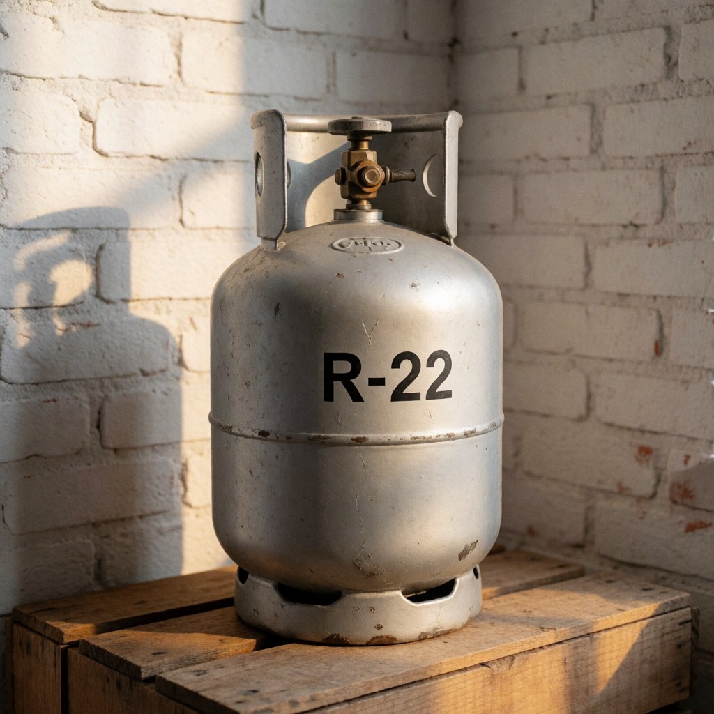 Old R-22 refrigerant gas cylinder resting on a wooden crate against a brick wall with natural sunlight