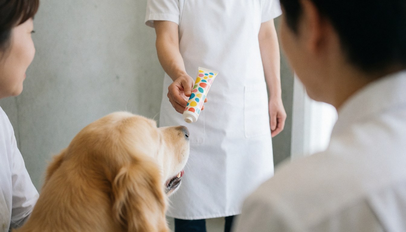 Groomer applying a colorful tube treatment to a golden retriever in a dog salon while two people watch