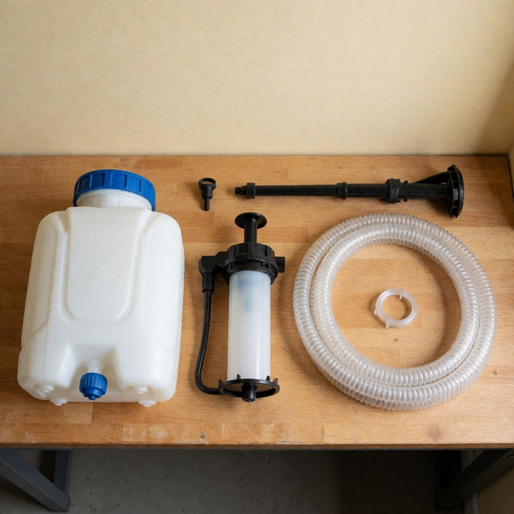 Various parts of a garden sprayer including tank, pump, hose, and nozzle laid out on a wooden surface for agricultural use