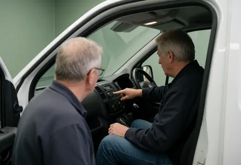 A driving school instructor inspects the dashboard of a white truck with a student driver during a professional training session.