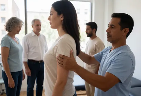 A physical therapist adjusts a patient's posture while four people observe the procedure in a naturally lit clinic room.