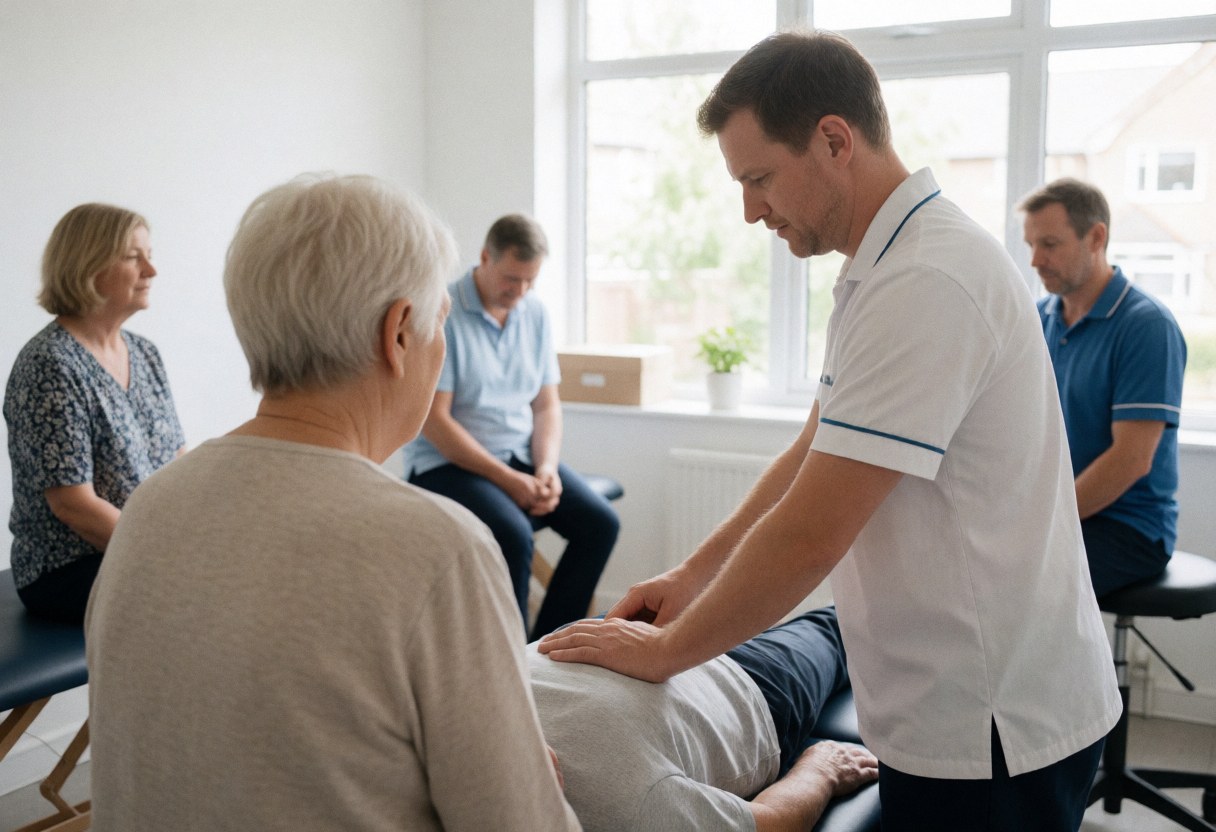 A physical therapist performs manual therapy on a patient in a modern clinic with natural light while others watch from chairs