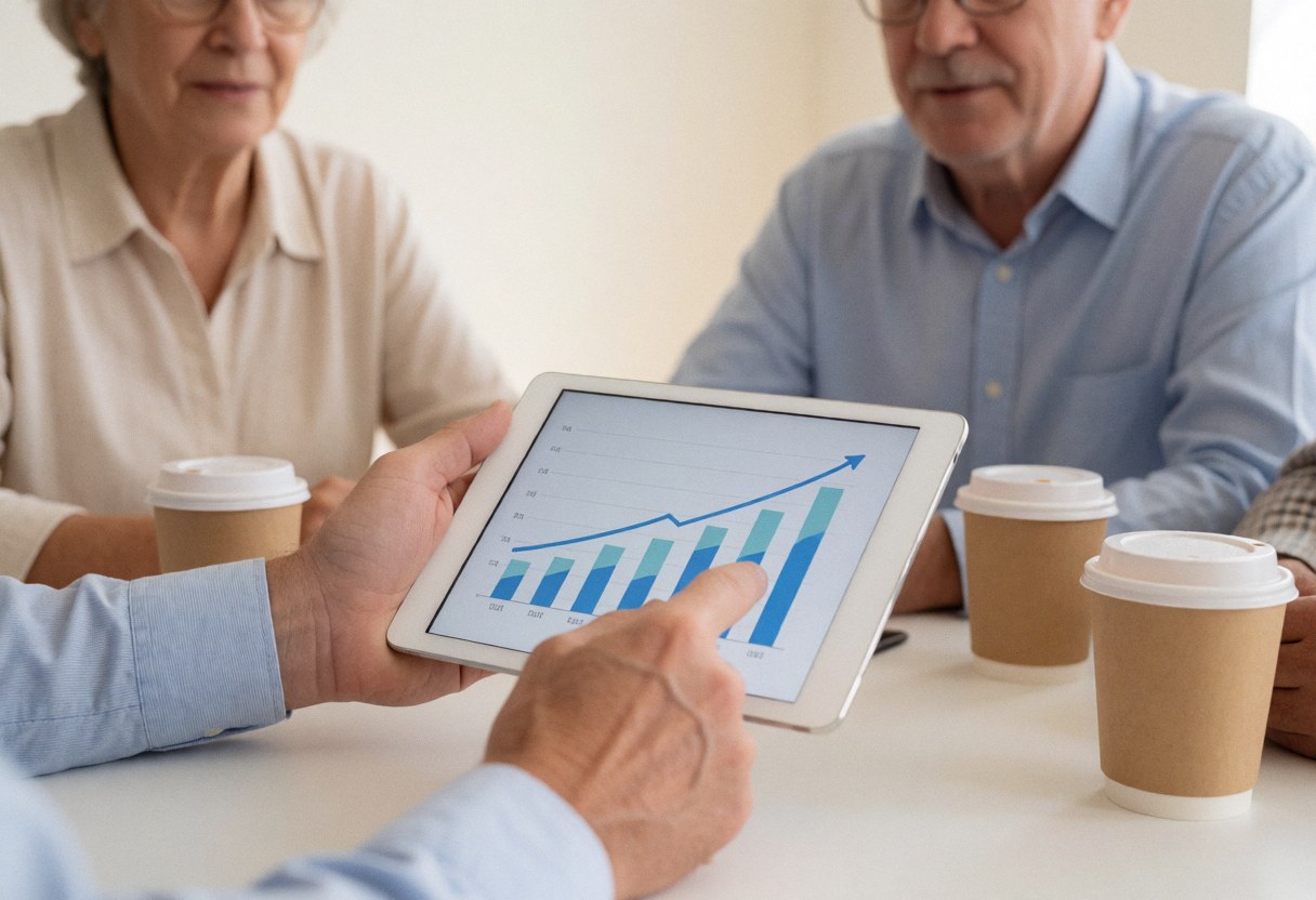 Consultant displays a growth chart on a tablet to clients during an office meeting with coffee.