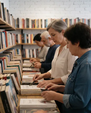 A customer browsing bookshelves in a bookstore with white brick walls, creating a calm and professional atmosphere.