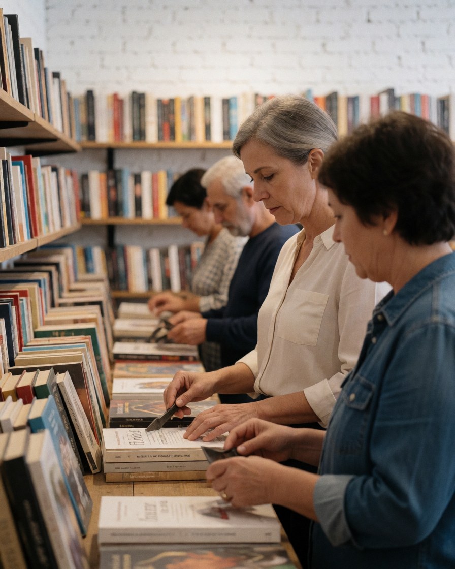 A customer browsing bookshelves in a bookstore with white brick walls, creating a calm and professional atmosphere.