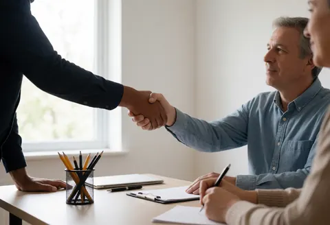 A consultant and client sign a document at a desk with a laptop, pencils, and papers under natural light.